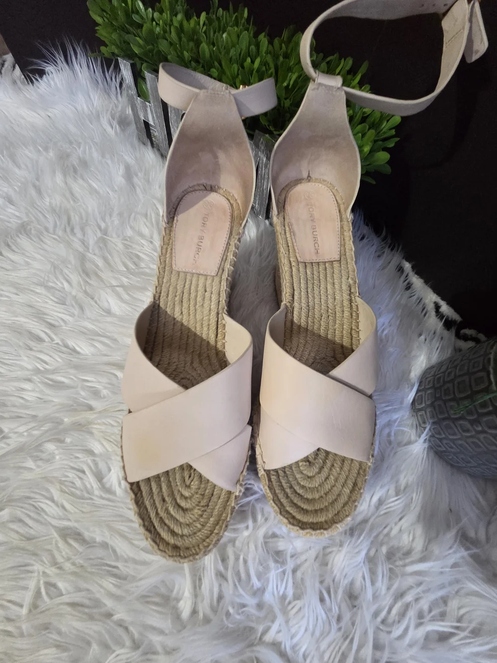 Tory Burch Selby Tan Leather Espadrille Ankle-Strap Wedge Sandals. Size 10